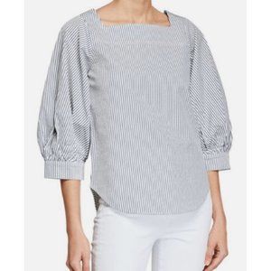 Caara Blue and White Striped Balloon Sleeve Square Neck Top Small NWOT $90‎